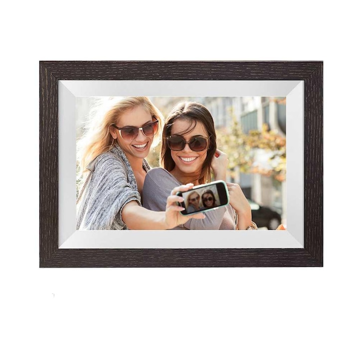 Rama Foto Digitala, Ecran Tactil 10.1 Inch HD IPS, Aplicatie Frameo, 1GB RAM, 32GB Memorie Interna Card SD, Difuzoare, Redare Poze Si Video, Design Modern, Finisaj Din Lemn De Cafea