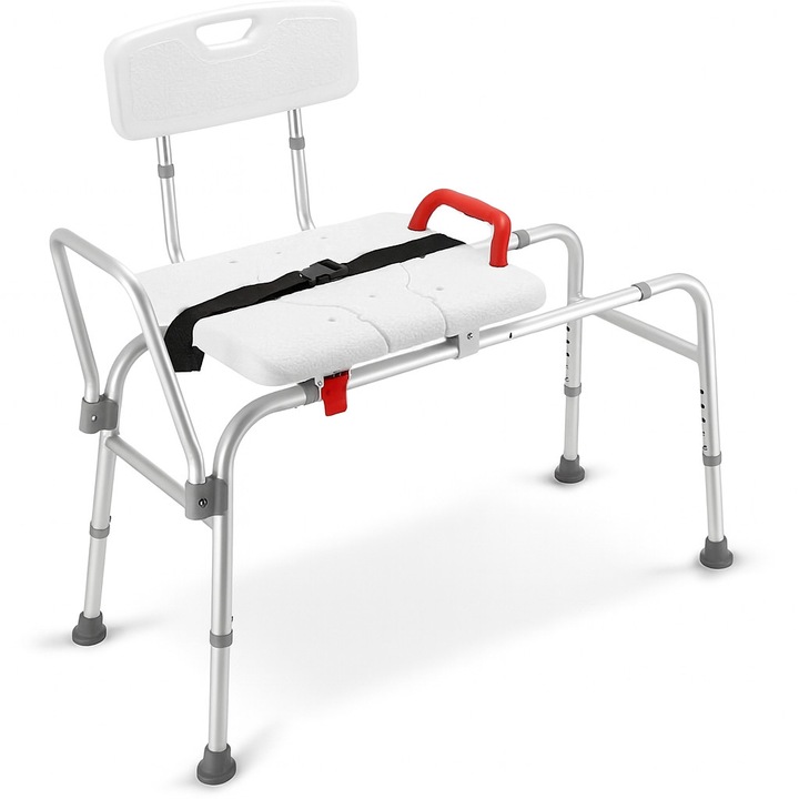 Scaun transfer cada sau dus cu sezut culisant si decupaj perineal, Linomag, Spatar, curea ajustabila si maner de siguranta, Reglabil pe inaltime, Inaltime maxima 65cm, Alb