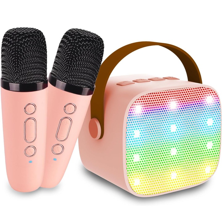 Set 2 microfoane karaoke si boxa, asskanaer, Set karaoke portabil 2 microfoane wireless, Bluetooth 5.3, 5 moduri voce+lumini LED, Autonomie 3h, Cablu USB type-c inclus, Pentru petreceri, Spectacole, Copii si adulti, ABS, 13.50*8.50*14 cm, Culoare roz