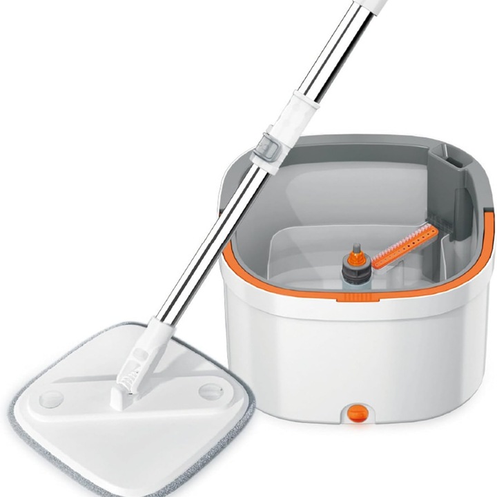 Set Mop Rotativ SoSar® cu Galeata si Stoarcere Automata, Rotire 360°, Microfibra Lavabila, Separare Apa Curata/Murdara, Gri Deschis