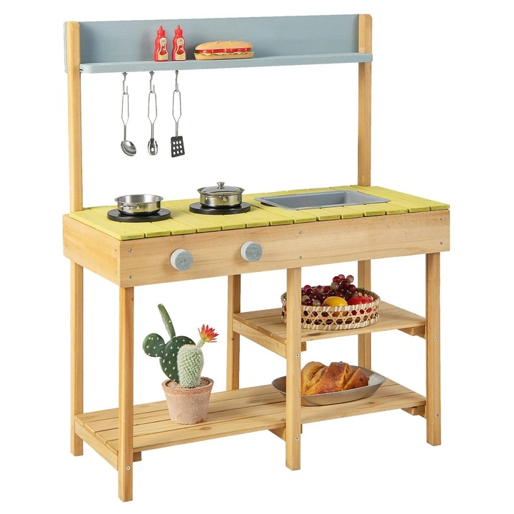 Fajáték konyha mosogatóval és dupla tűzhellyel, Northix, 1 felső polc, 3 polc, többszínű