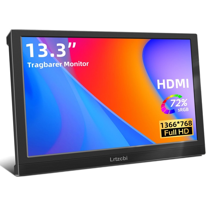 Lrtzcbi 13.3 hüvelykes hordozható monitor, FHD 1366x768, HDMI és VGA porttal, beépített hangszórókkal