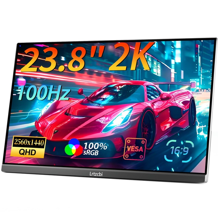 Hordozható monitor, Lrtzcbi, 23.8 hüvelyk, 2K 100Hz 2560x1440 USB-C HDMI, Fekete