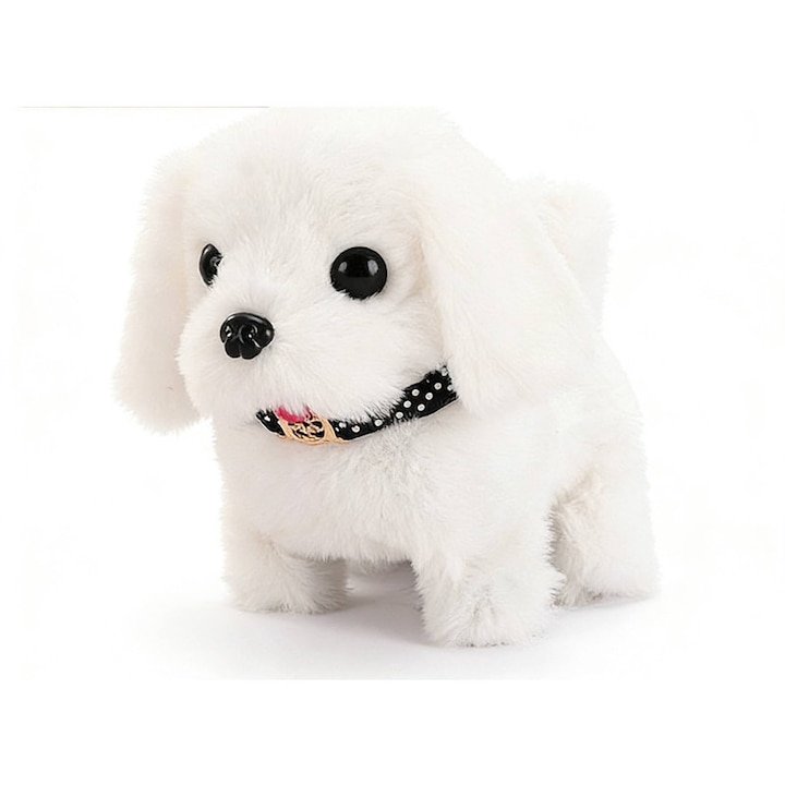 Caine de jucarie, jucarie de plus, caine robot, simulare mers, labrador alb
