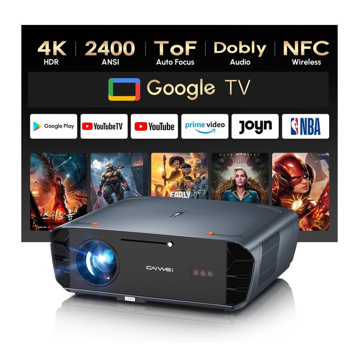 CAIWEI 4K projektor, 2400 Ansi Lumen, Wifi 6, Bluetooth, 16:9