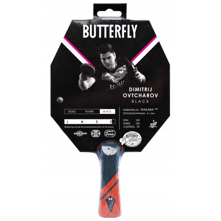 Paleta tenis de masă Butterfly Ovtcharov Black, cauciuc, maner ergonomic, greutate 165g