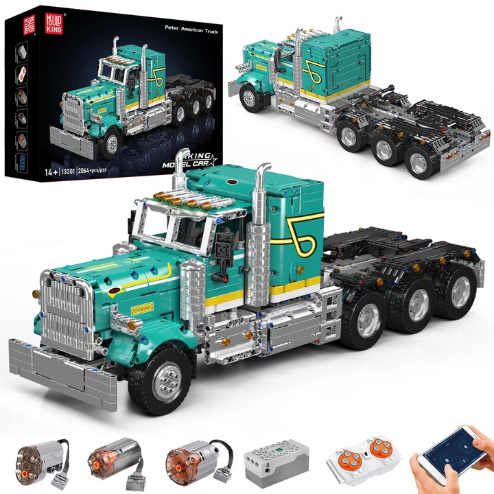 Set de constructie, Mould King,13201, Technic, Camion Peterbilt 389 RC, 2064 piese, Control App, 57.7x16.6x20.7cm, pentru baieti si fete peste 14 ani