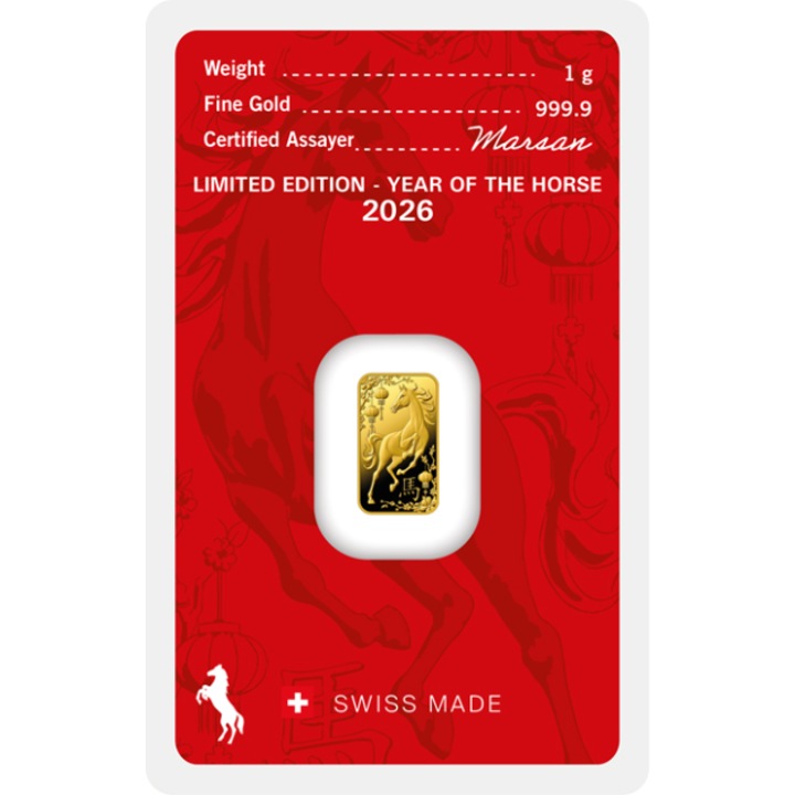 Lingou de aur 1 gram, Argor-Heraeus, 999, 9 (24K), editie limitata 2026, Elveția