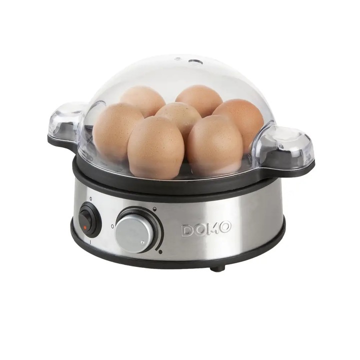 Fierbator de oua DOMO, capacitate 7 oua, 3 programe prestabilite, comutator ajustabil, programe personalizabile, panou control mecanic, buton on/off, semnal sonor final, usor de curatat, usor de folosit/depozitat, cana gradata cu perforator inclus, inox