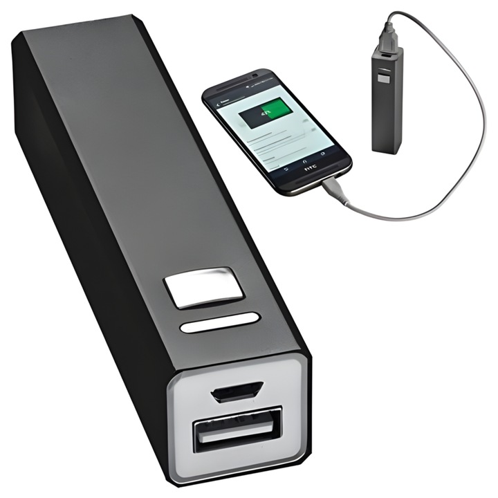 Baterie externa Stamina mini, RonicX, 2600 mAh, dimensiuni reduse, Port USB-C (intrare + iesire), Port USB-A, 9, 4 × 2, 1 × 2, 1 cm, 70gr, negru