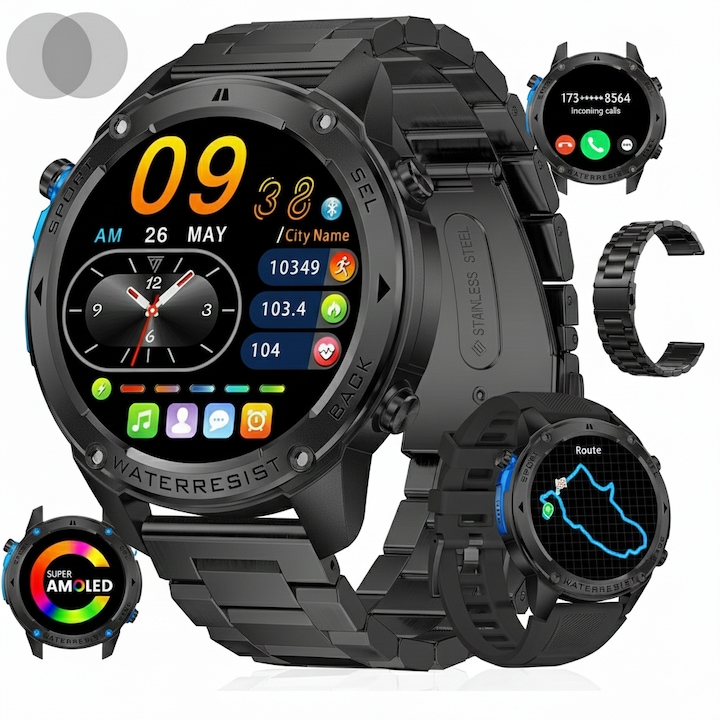 Мъжки смарт часовник с 1.43" AMOLED екран (466x466), GPS, батерия 500 mAh, 170+ спортни режима, Bluetooth разговори с HD микрофон, известия, водоустойчивост 5ATM, фитнес и спорт, 2 гривни и 2 защитни фолиа включени (румънско меню) Черен