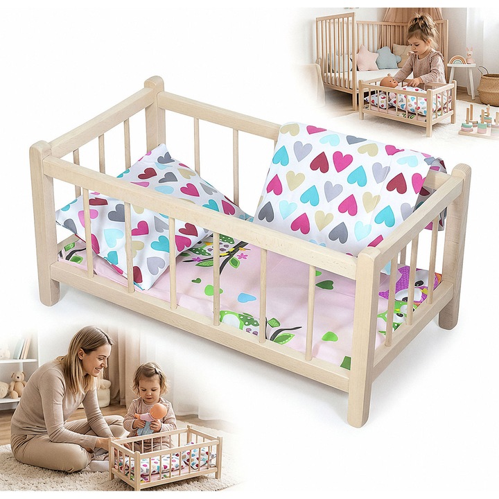 Patut din lemn pentru papusi, Peewit, cu saltea si lenjerie inimioare, 49,5x27x23,5cm, natural