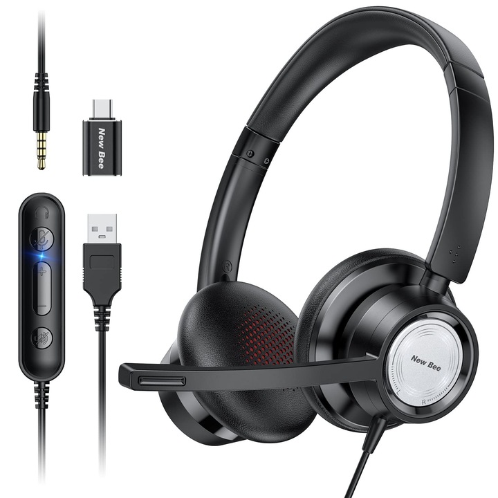 Căști cu fir New Bee, microfon reglabil, anulare zgomot, USB Type-C, 3.5mm, negru
