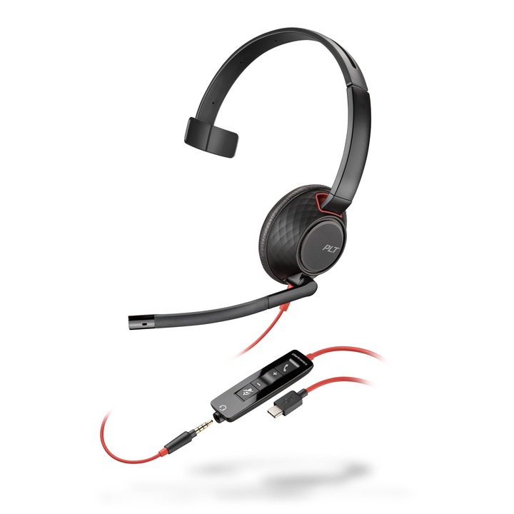 Casti cu fir Poly Blackwire 5210, design cu o singura ureche, microfon flexibil, anulare a zgomotului, USB-C
