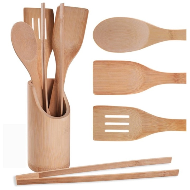 Set 4 Ustensile Gatit MADGENIX, 100% Bambus Ecologic, 2 Linguri, Spatula si Cleste, cu Suport Rotund, Ideal Antiaderent