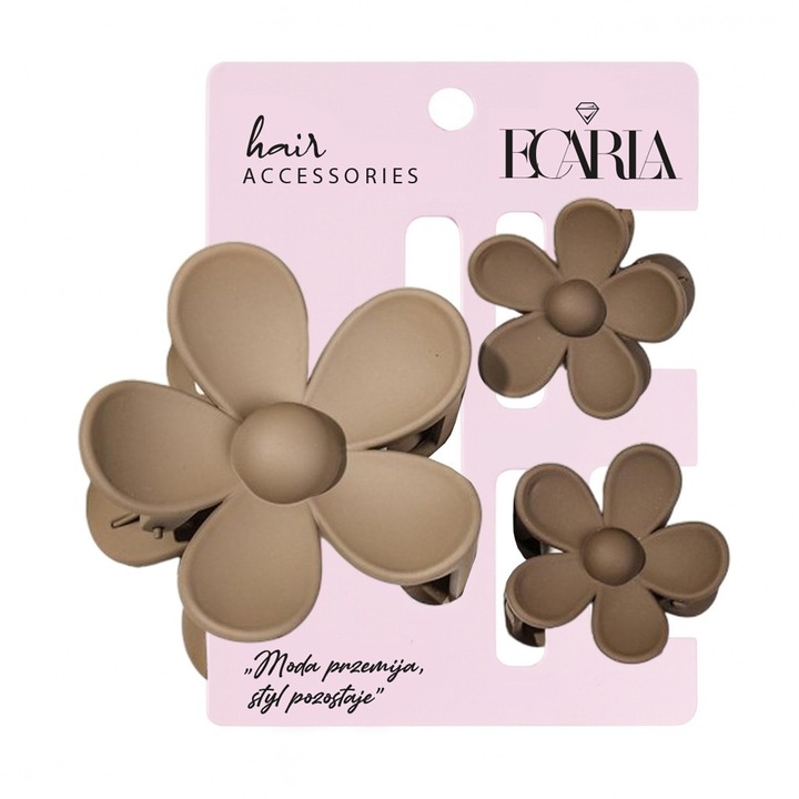 Set 3 clesti pentru par, ECARLA, 7.5x8cm/4x4cm, metal/plastic, forma floare, maro