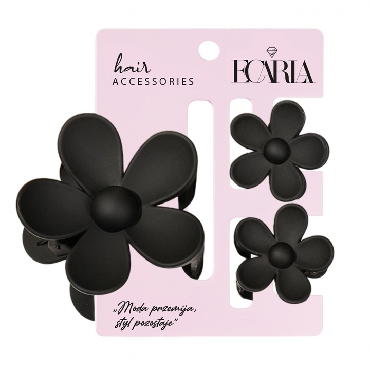 Set 3 clesti pentru par ECARLA, 7.5x8cm/4x4cm, metal/plastic, model floare, negru