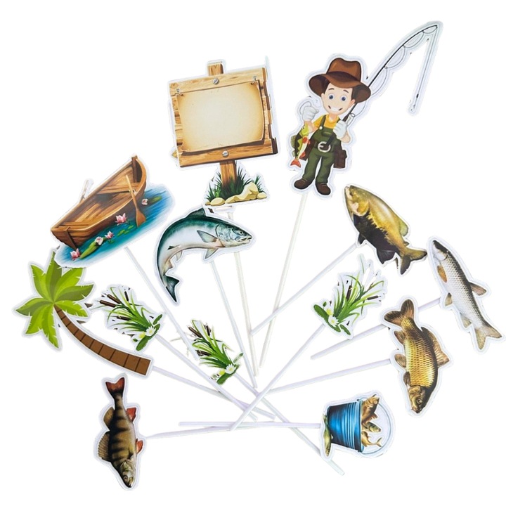 Decoratiune topper tort carton, tematica Pescuit / Pescar Hoinar, aniversare - 13 piese