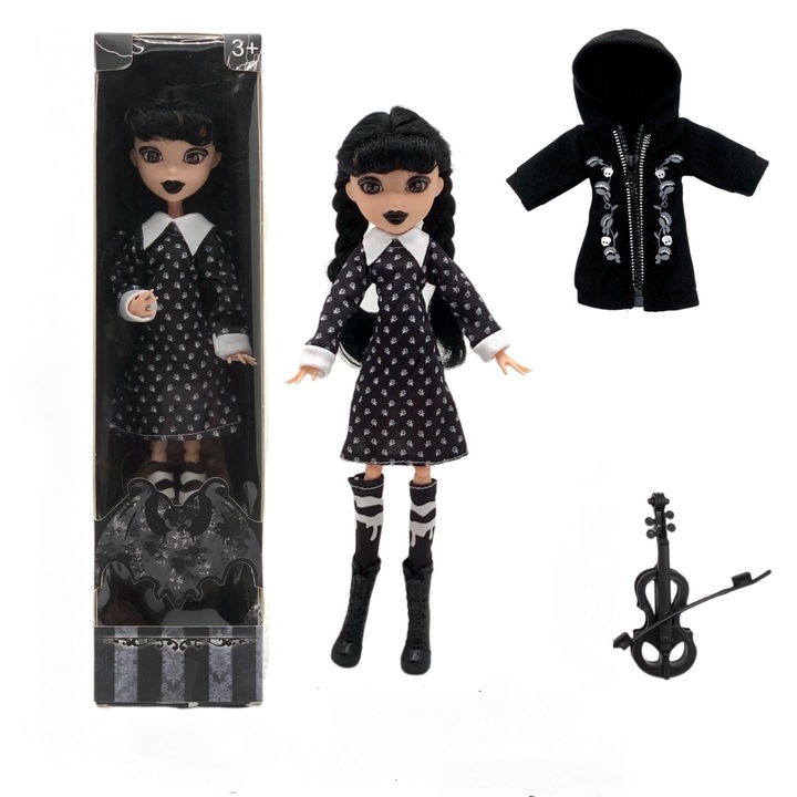 Adams Wednesday baba ajándékdobozban, fekete magassarkú, fekete pöttyös ruha, dupla fekete lófarok, 26cm