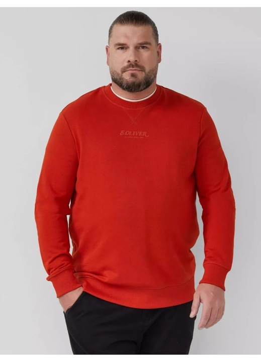 S.Oliver Big Sizes Bluza barbati big sizes cu decolteu la baza gatului, logo, Regular Fit, Caramiziu