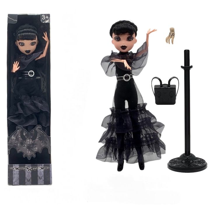 Wednesday Adams baba ajándékdobozzal, fekete magassarkúval, fekete ruhával, iskolatáskával és kiegészítővel, 26 cm