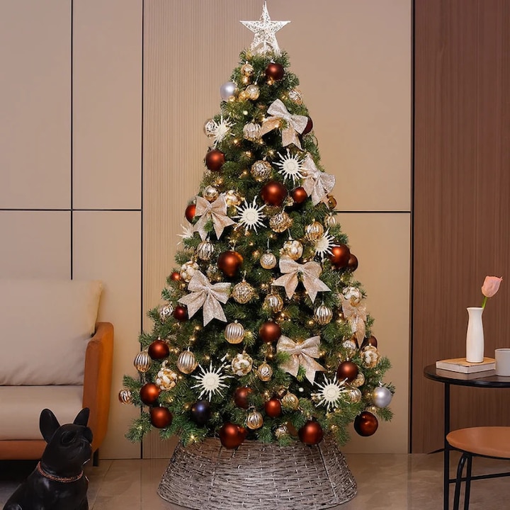 Brad Artificial de Craciun Vivendo®, Decorat, Luxos, cu 450 Ramuri Dense, 150 cm, Suport Metalic, Lumini si Decoratiuni Incluse