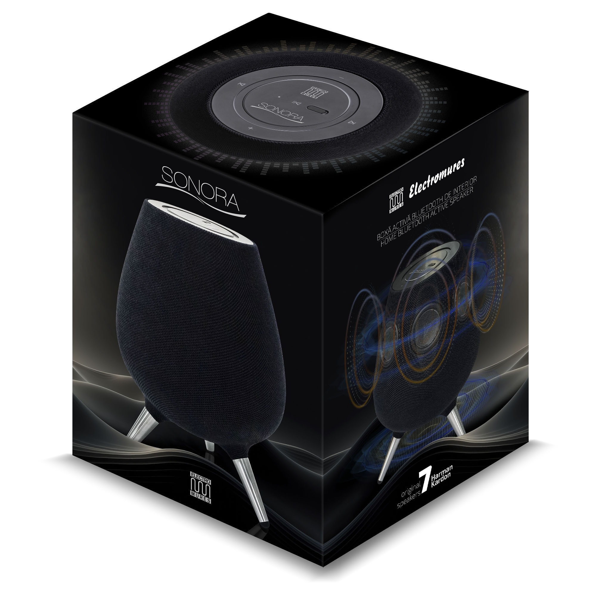 Boxa activa Bluetooth 360° Electromures Sonora EM 1030, USB, Bluetooth 5.0, functie TWS, alimentare retea AC, 7 difuzoare originale Harman Kardon, Negru
