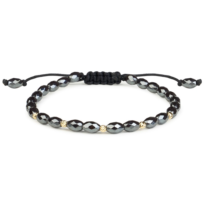 Bratara cu 5 bile Aur 14 K "585" si Hematite naturale, ajustabila