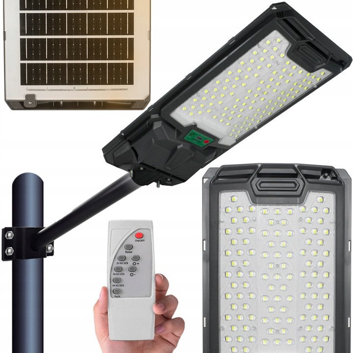 Улична LED лампа 200W със сензор за движение и дистанционно управление, DecoRYA, устойчивост на атмосферни влияния IP65, слънчева енергия