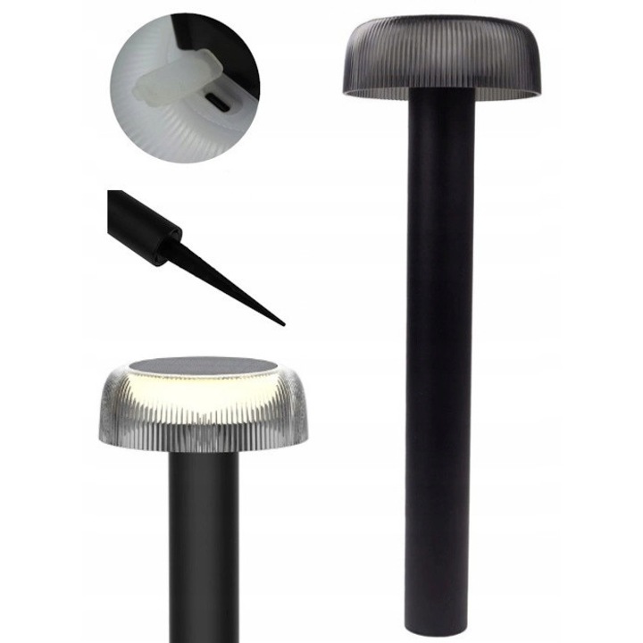 Stalp solar LED Gradina ECOLIGHT 2w1, incarcare USB, negru, 47.3cm, rezistent la intemperii, senzor de crepuscul