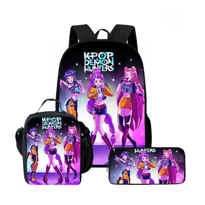 Set complet ghiozdan scolar Kpop Demon Hunter, inclusiv 3 piese: ghiozdan spatios, cutie pranz si penar organizator. Dimensiuni: 42x28x13 cm, culori multicolor atragatoare. Perfect pentru adolescenti si iubitorii de Kpop