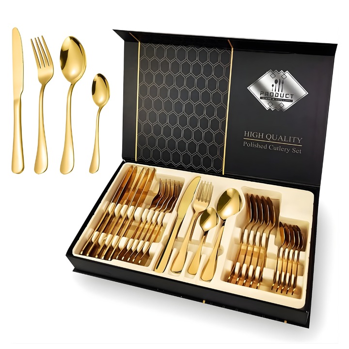 Set Tacamuri SoSar® 24 Piese din Inox Auriu Premium pentru 6 Persoane Cutite Linguri Furculite Lingurite Ambalaj Cadou