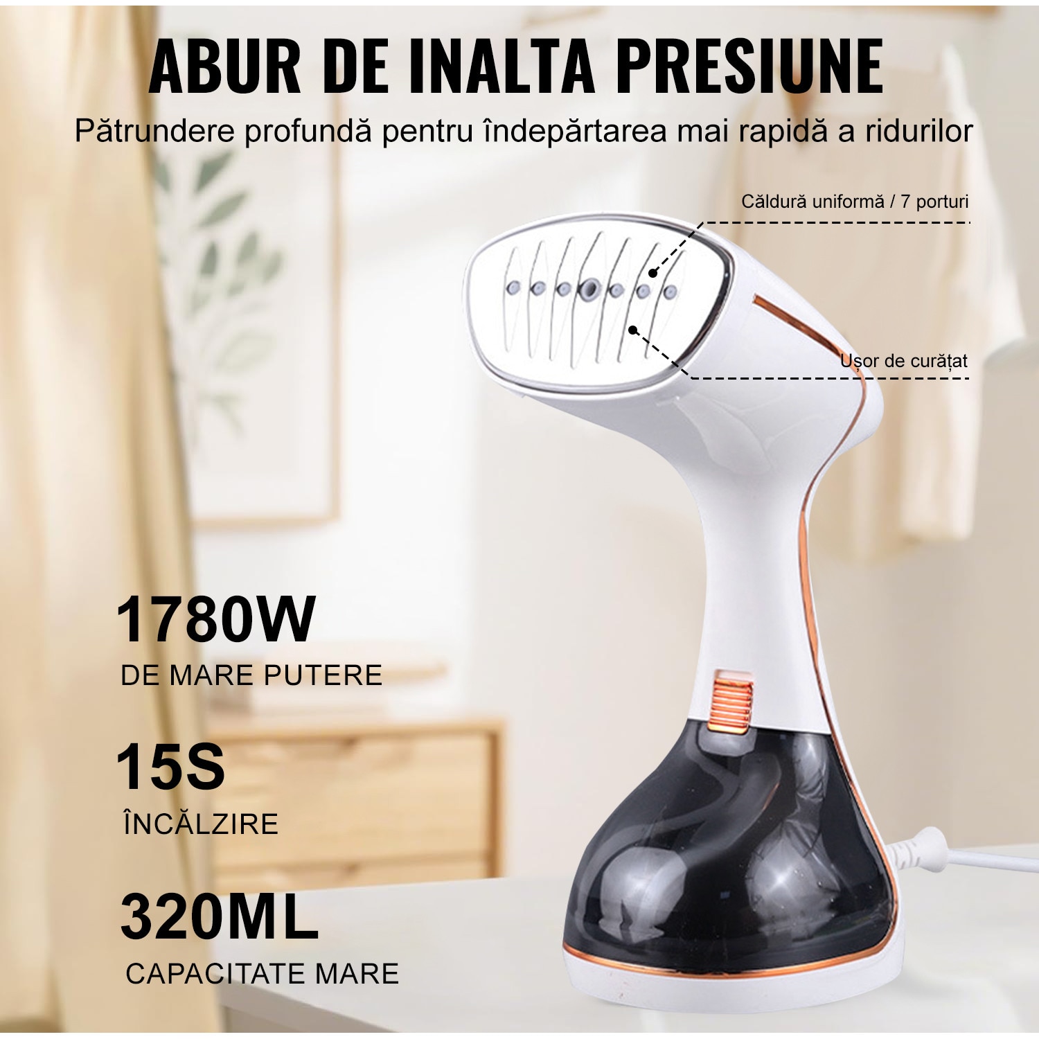 Aparat de calcat vertical cu abur, Ultrixe, Cu Afisaj Digital, 1780W, Rezervor Detasabil 320ml, Abur variabil 21g/min, 3 Niveluri Reglabile, Utilizare Umeda si Uscata, Compact, Alb