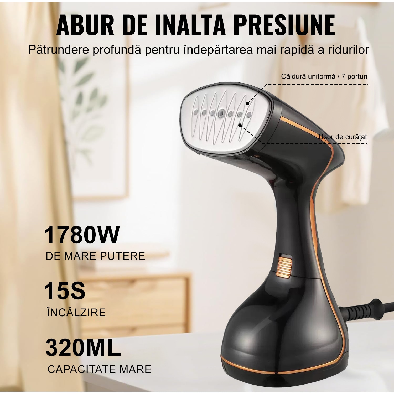 Aparat de calcat vertical cu abur, Ultrixe, Cu Afisaj Digital, 1780W, Rezervor Detasabil 320ml, Abur variabil 21g/min, 3 Niveluri Reglabile, Utilizare Umeda si Uscata, Compact, Negru