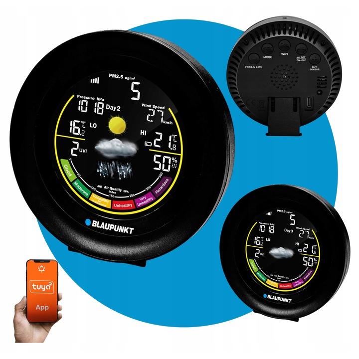 Stație Meteo Blaupunkt WS35BK, Wi-Fi, LCD color, senzor extern wireless, 94x94x27mm