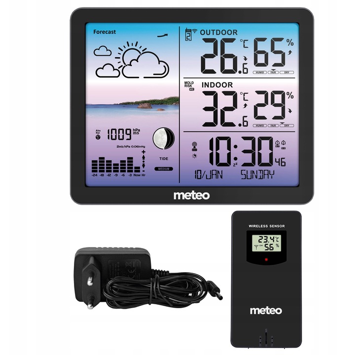 Метеорологична станция METEO SP107C, външен безжичен сензор, прогноза за времето, цветен екран, 17.5x14x2.5см