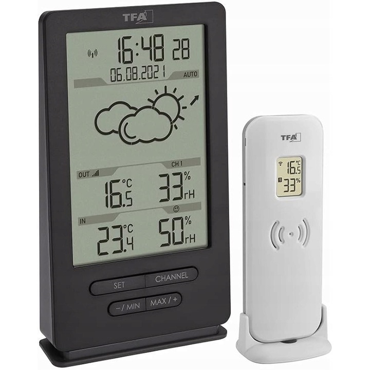 Statie Meteo TFA Dostmann Wireless, monitorizare temperatura/umiditate, negru, cu senzor extern