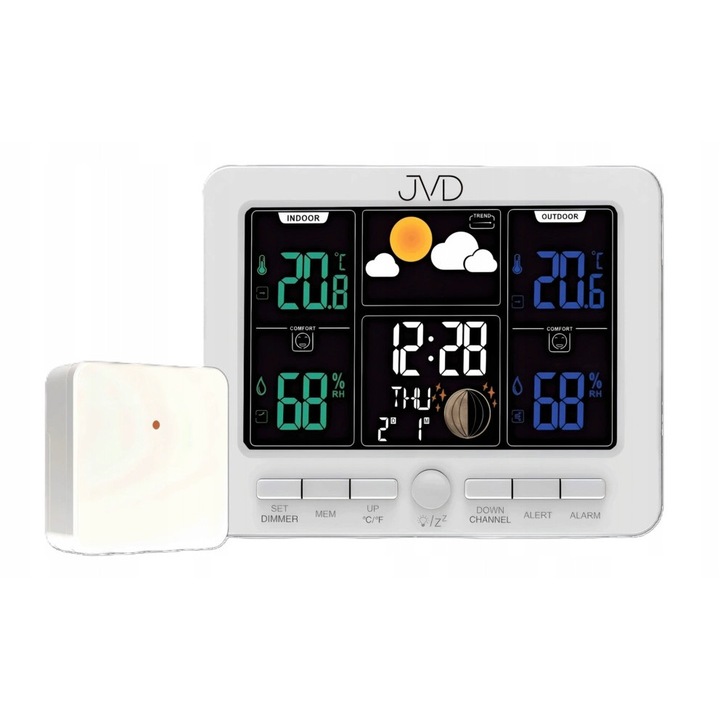 Statie meteo JVD RB6685.1, ceas radio controlat, senzor extern, carcasa alba