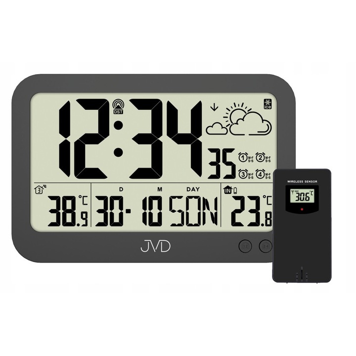 Ceas digital JVD RB3565.1 cu radio, termometru interior/exterior, 4 alarme, negru, 6, 2x10, 2x2, 4cm