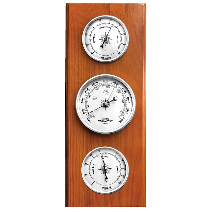 Statie meteo analogica JVD BA233.41, lemn, 13x32 cm, design retro, barometru, higrometru, termometru