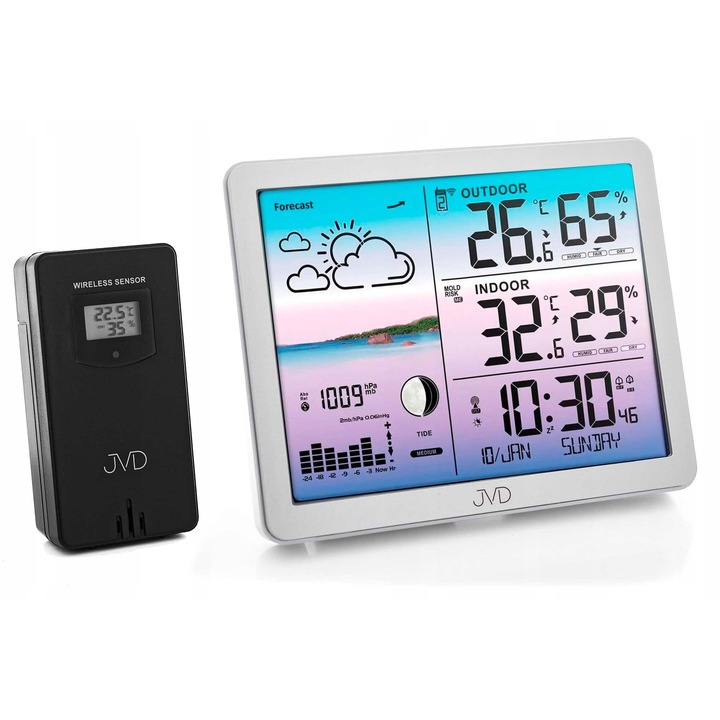 Ceas JVD RB3566.2, statie meteo, argintiu, termometru, umiditate