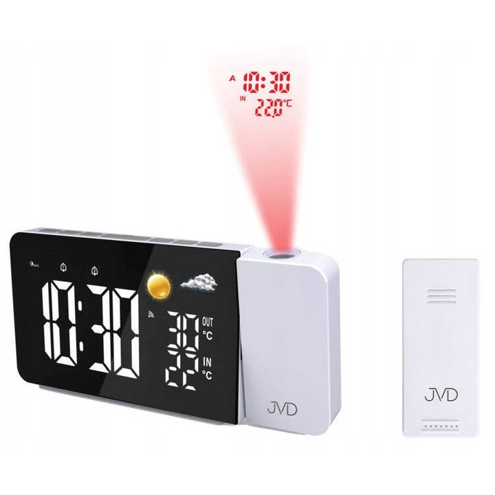 Stație Meteo JVD SB3211.2 cu Proiector, Alarmă și USB, Alb