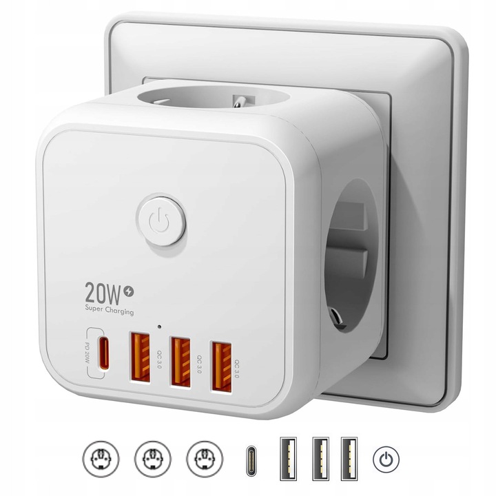 Priza USB 7-in-1, 3 prize Euro, 4 porturi USB, incarcare rapida 20W, compacta