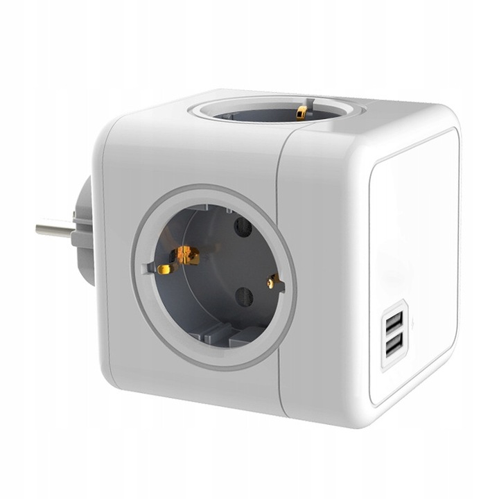 Priză cub extensibilă 4 AC + 2 USB, gri, design compact, încărcare simultană