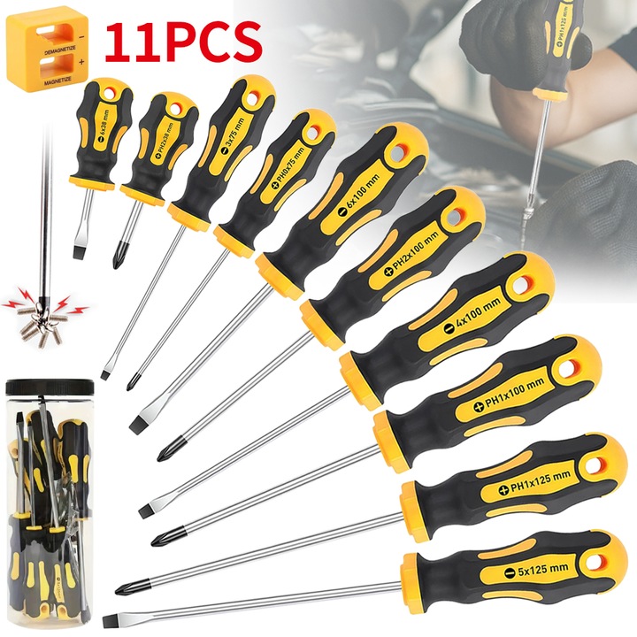 Set 11 surubelnite magnetice, Tressino, Varf Magnetic, Magnetizarea si demagnetizarea varfurilor Unelte, Computer, Ceas, Pentru telefon, Reparatii de ochelari, Jucarii, 23.5X8.5X8.5CM, Galben/Negru