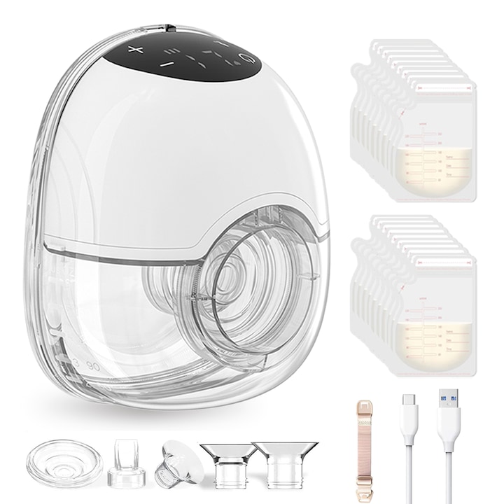 Omelivon - Hands-Free elektromos mellszívó, 4 üzemmóddal és 12 szinttel, hordozható és csendes, szivárgásmentes, 20 tejtároló zacskóval, 180 ml, BPA-mentes, masszázs funkcióval, 1100 mAh akkumulátorral, USB töltéssel, érintőképernyő, fehér