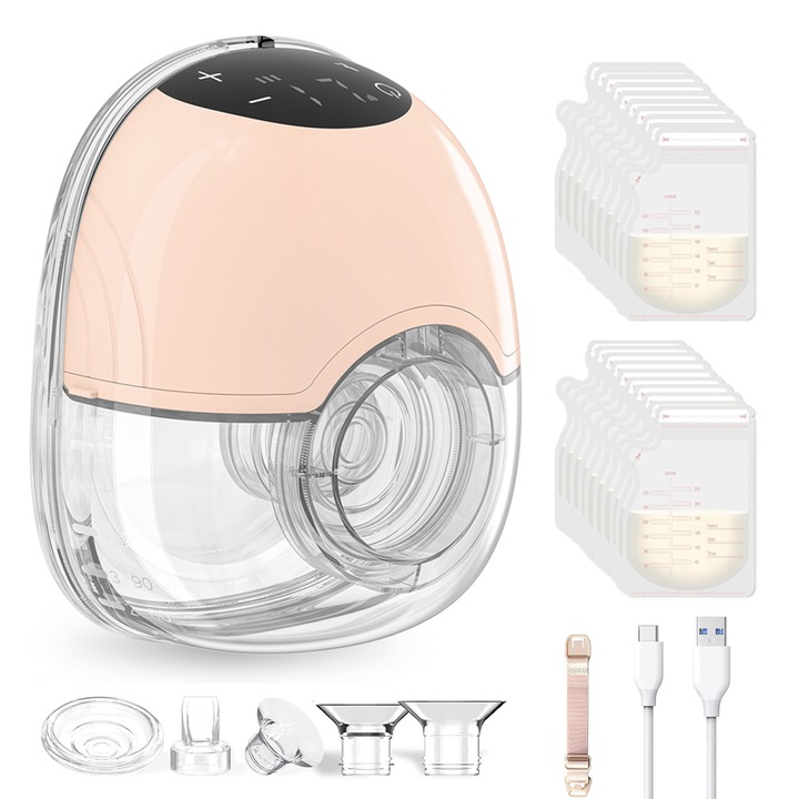 Omelivon - Hands-Free Elektromos Mellszívó, 4 Üzemmóddal és 12 Szinttel, Hordozható és Csendes Szivárgásmentes, 20 Tejtároló Zsákkal, 180ML, BPA-mentes, Masszázs Funkció, 1100mAh Akkumulátor, USB Töltés, Érintőképernyő, Rózsaszín