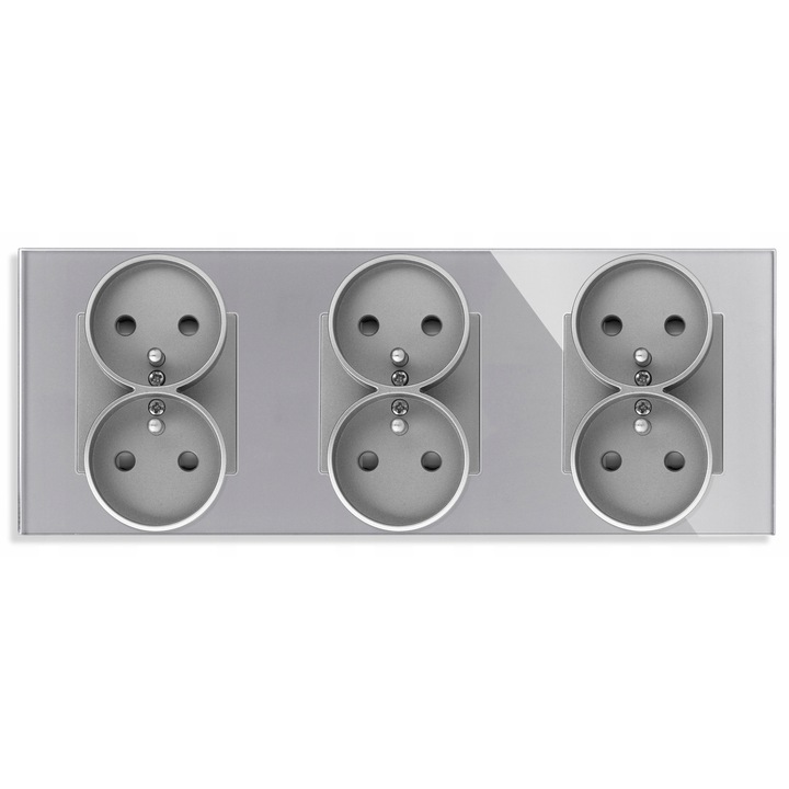 Priză tripla, sticlă argintiu/gri, 6 prize, 60mm, IP20, 157x86x35mm