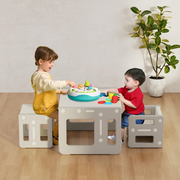 Montessori asztal szett gyerekeknek 2 székkel, műanyag, szürke