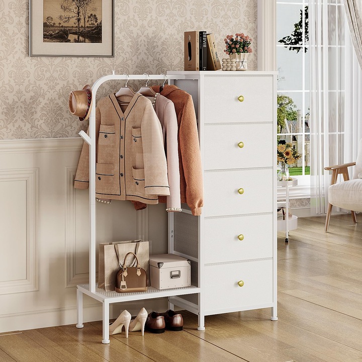 Trironsun textil komód, fehér, 5 fiókos, függő polc, megfordítható összeszerelés